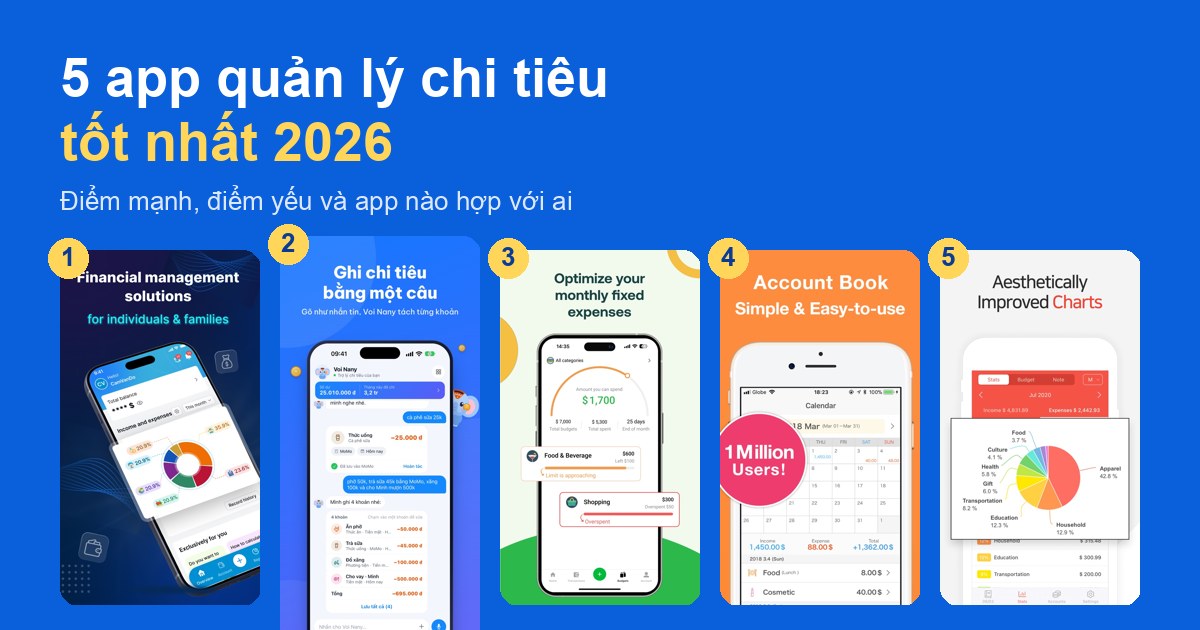 5 app quản lý chi tiêu tốt nhất 2026: điểm mạnh, điểm yếu từng app