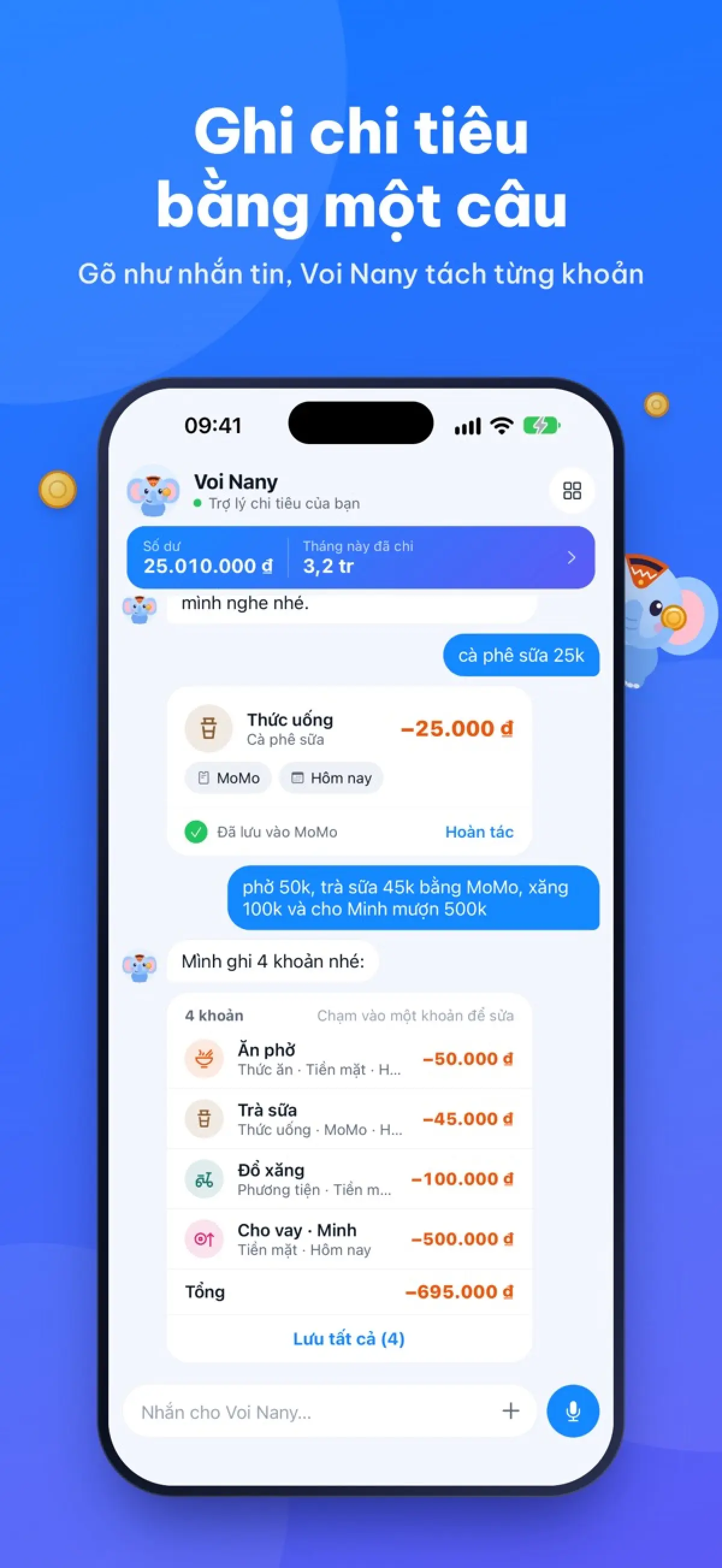 Finany: ghi chi tiêu bằng cách nhắn tin cho Voi Nany